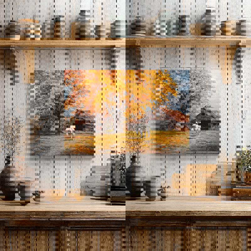 Harvest Autumn Serenity canvas, cozy Thanksgiving dorm room wall decor featuring fall hues and harvest ambiance.