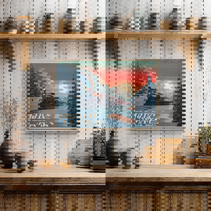 Holiday Express retro travel canvas print, Christmas locomotive, mid-century typography, cozy dorm room decor Holiday Express retro travel canvas print, Christmas locomotive, mid-century typography, cozy dorm room decor