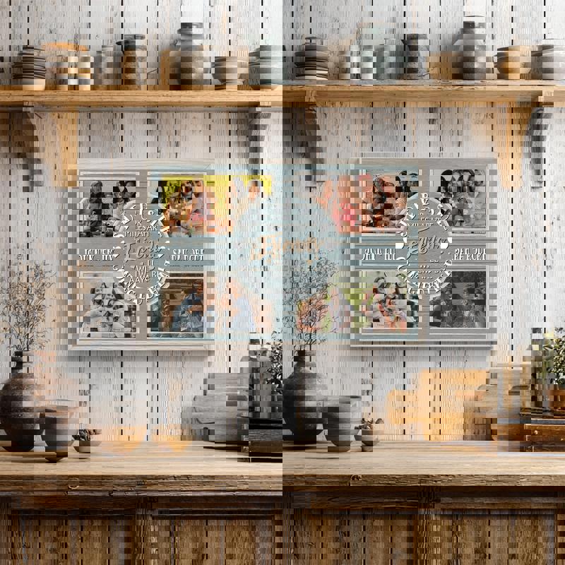 Best friends photo collage canvas print, personalized, horizontal layout on whitewashed shiplap for coastal farmhouse decor