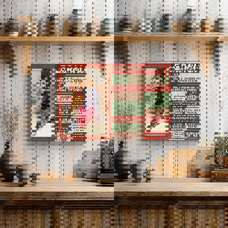 Christmas dog mom canvas with rustic wood look, red-green accents, personalized dog names, cozy holiday gift decor