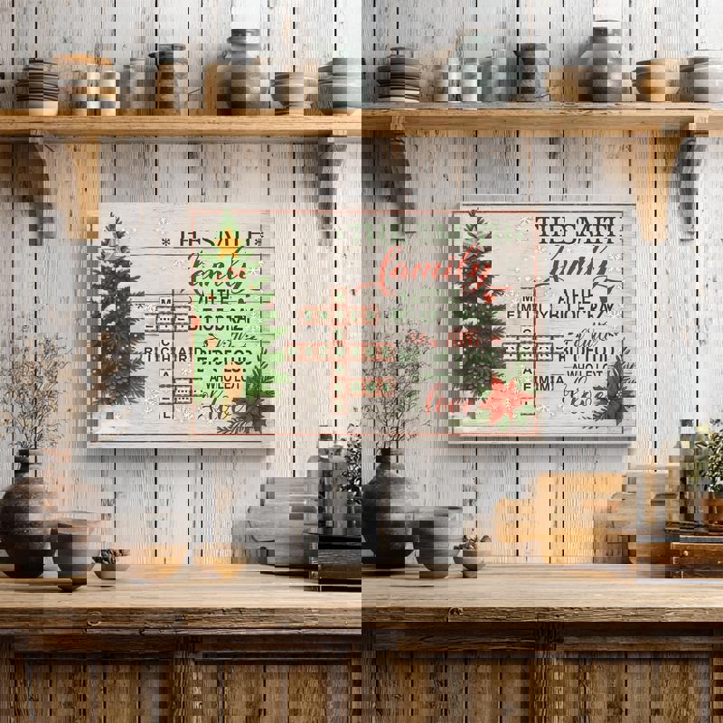 Personalized family name crossword canvas with quote, rustic farmhouse, whitewashed wood background, landscape orientation