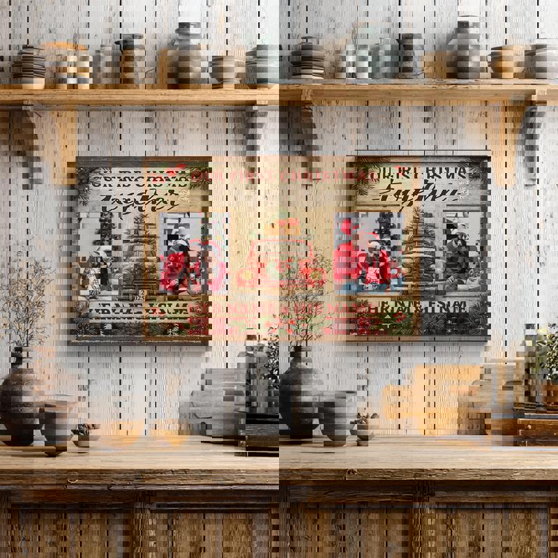 First Christmas together canvas print, custom anniversary photo collage on whitewashed wood, farmhouse style landscape