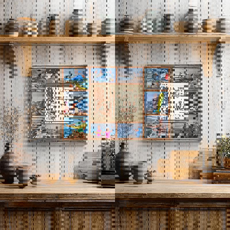 Fishing memories photo collage canvas, landscape layout, custom names and dates, unique Father’s Day gift for anglers