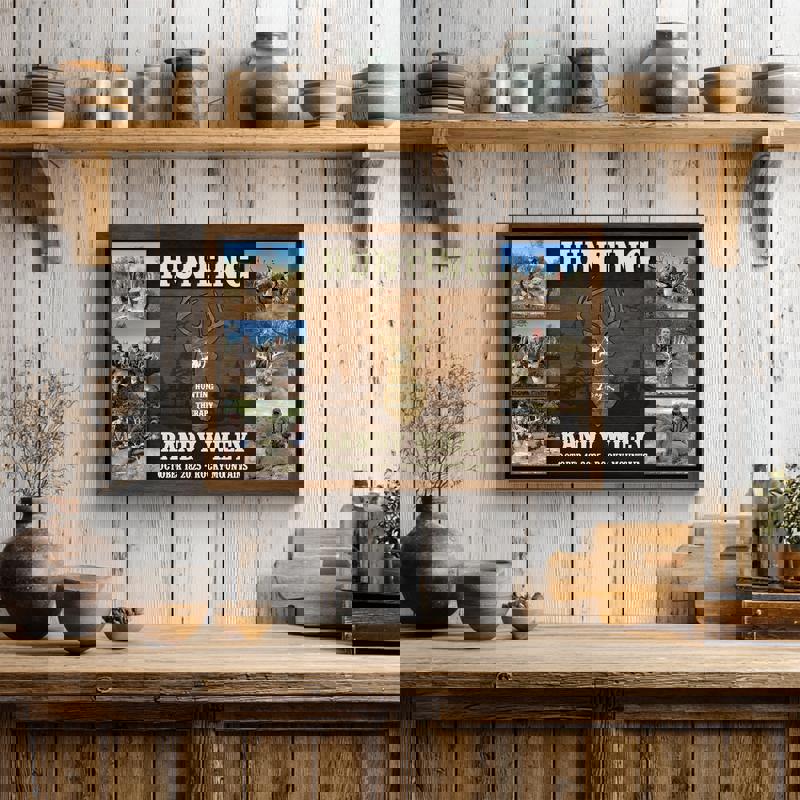 Hunting Is My Therapy canvas, personalized deer photo collage with antler graphic and barnwood look, custom names, great gift for husbands