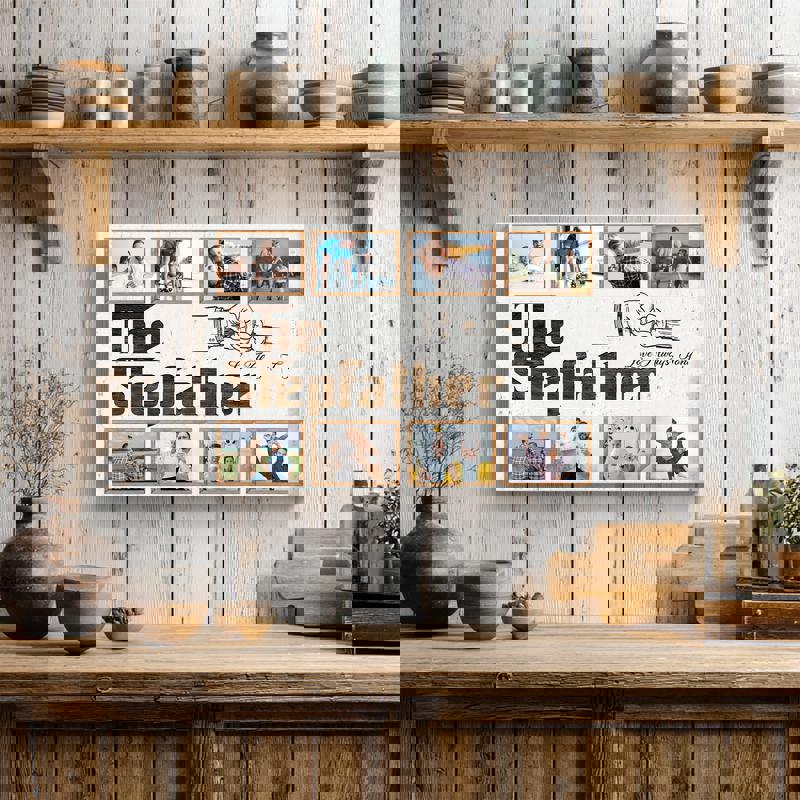 Personalized bonus dad photo collage canvas wall art, distressed wood background, custom photos and names, birthday gift