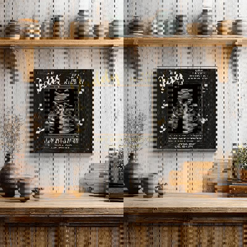 Father’s Day from bump ultrasound frame canvas, personalized message and photo, charcoal landscape background, gift for Dad