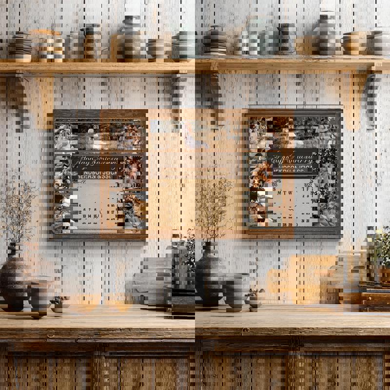 Rustic farmhouse anniversary calendar canvas, custom names and date with photo collage, ideal newlywed gift and wall decor Rustic farmhouse anniversary calendar canvas, custom names and date with photo collage, ideal newlywed gift and wall decor