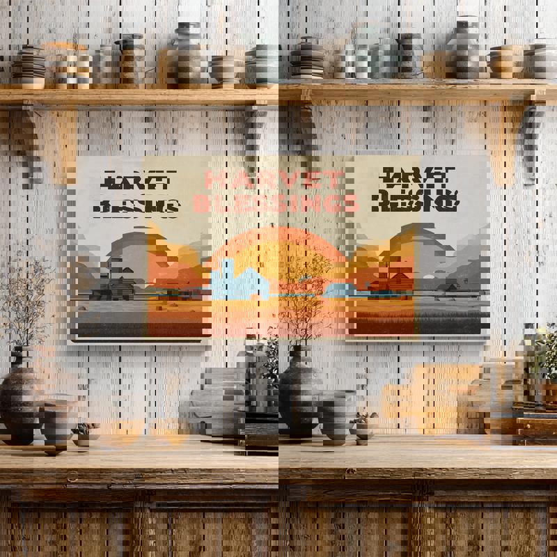 Thanksgiving harvest fields canvas shows farmland under warm autumn sky, vintage-style dorm art in muted earth tones