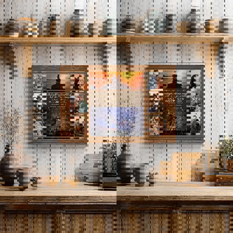 custom star map canvas portrait with black night sky and three-photo collage, personalized names and date, rustic finish