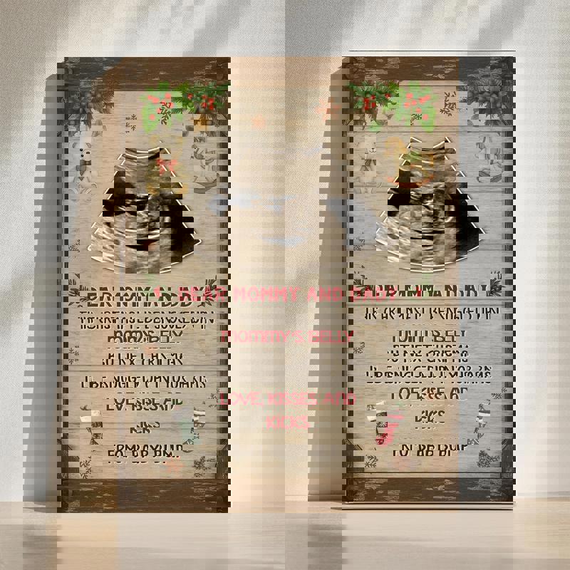 Christmas baby ultrasound canvas wall art with custom photo and from-the-bump note, gift for new mom and dad, portrait style