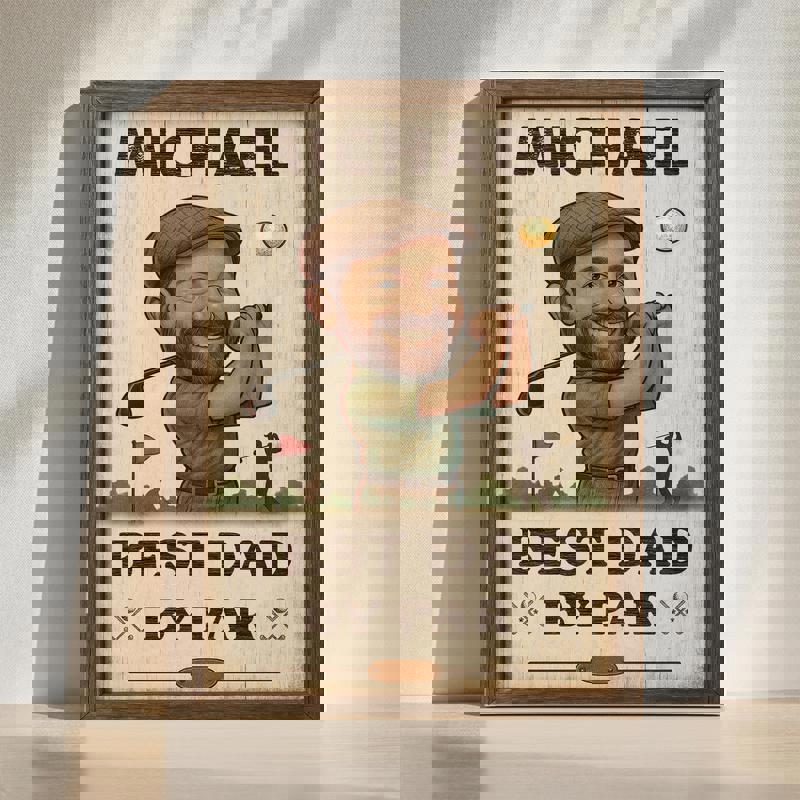 Best Dad By Par caricature canvas featuring a custom golf dad portrait, rustic farmhouse wall decor, Father's Day gift | Family Wall Decor