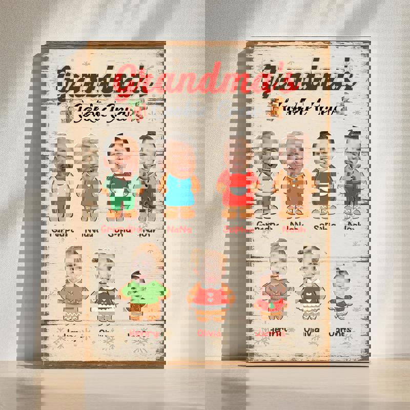 Grandma's Cookie Crew Christmas canvas wall art with gingerbread family, personalized with grandkids' names and photo