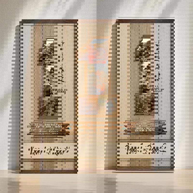 One-year anniversary personalized photo collage canvas wall art, rustic style with custom names and date, gift for boyfriend | Family Wall Decor