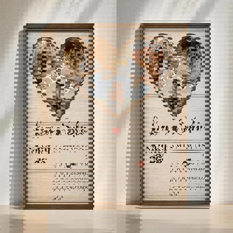 Personalized couple milestone canvas wall art with heart puzzle, calendar date, photo collage; custom names, date, photo | Family Wall Decor