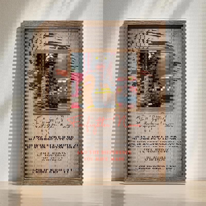 Firefighter retirement canvas wall art in rustic farmhouse style, personalized with name and years; gift for retired firemen | Family Wall Decor