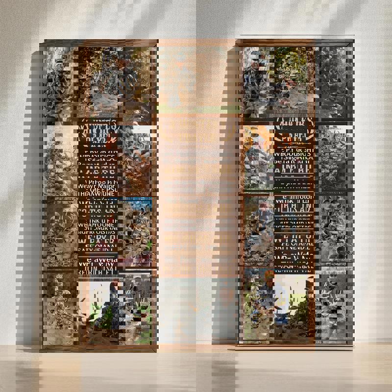 Hunter's Prayer canvas wall art, personalized hunting photo collage with deer antlers, rustic wood background, custom names and date | Family Wall Decor