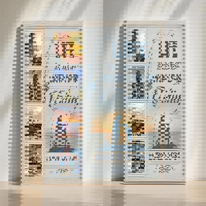 Fishing canvas wall art with father & son photo collage, personalized with names and date, coastal farmhouse style lake house decor | Family Wall Decor