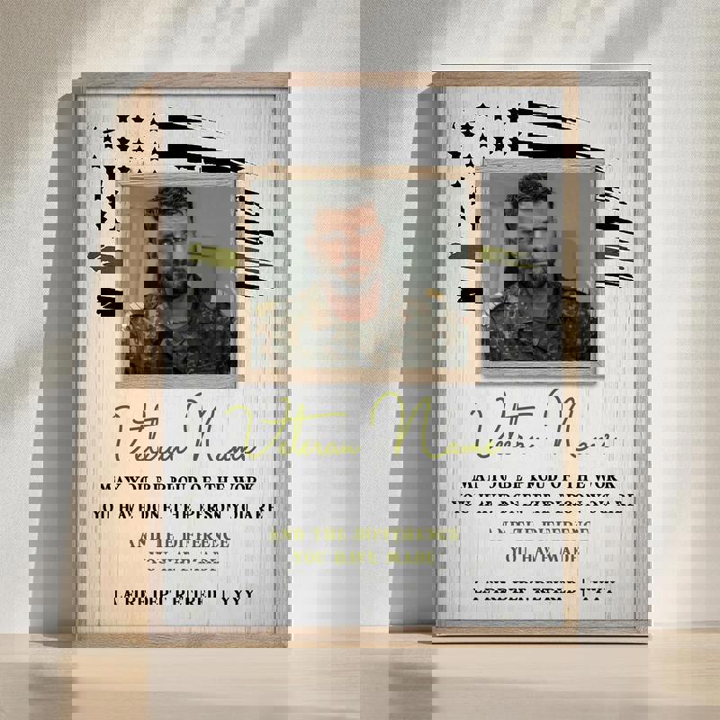 Military retirement canvas wall art, personalized with name, rank, and date on rustic farmhouse design for army veteran decor