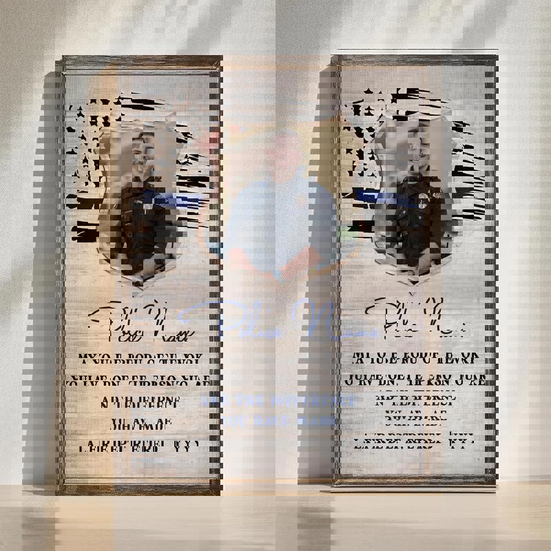 Police retirement canvas wall art, personalized rustic farmhouse design with badge, name and dates for a retired officer | Family Wall Decor