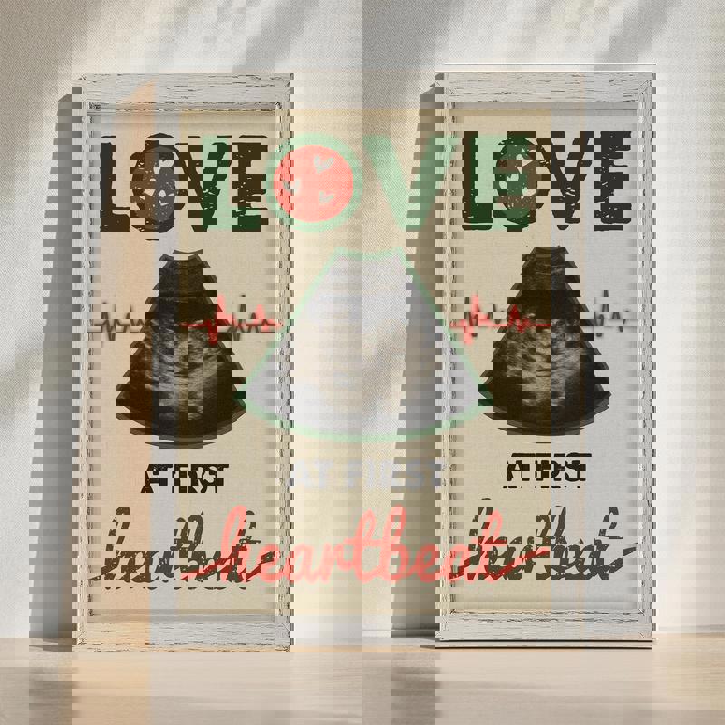 Rustic farmhouse baby ultrasound canvas personalized with name and date, Love at First Heartbeat Christmas keepsake