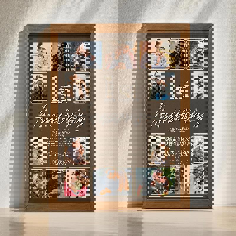 1st anniversary photo collage canvas wall art, rustic farmhouse wood background, personalized with names, date, and photos | Family Wall Decor