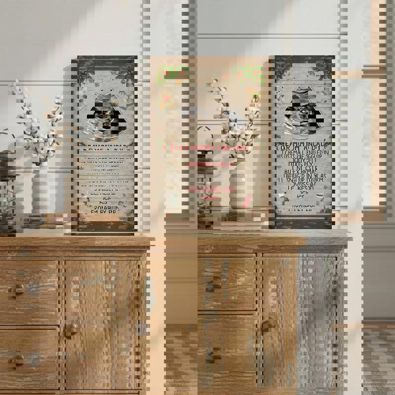 Christmas baby ultrasound canvas wall art, personalized with ultrasound photo and holiday wreath, landscape orientation