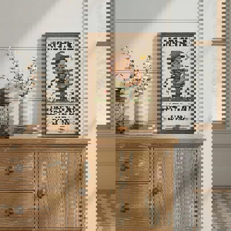 Best Dad By Par caricature canvas with personalized golf dad portrait, rustic farmhouse style wall art for home decor