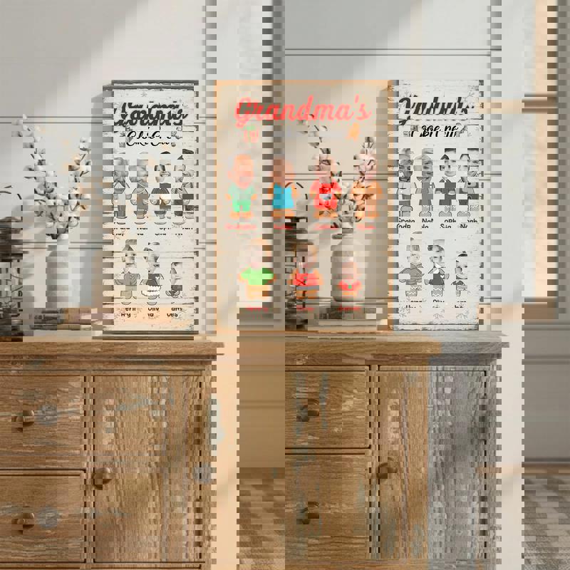 Gingerbread family Christmas canvas wall art, funny Grandma's Cookie Crew design customized with grandkids' names and photo