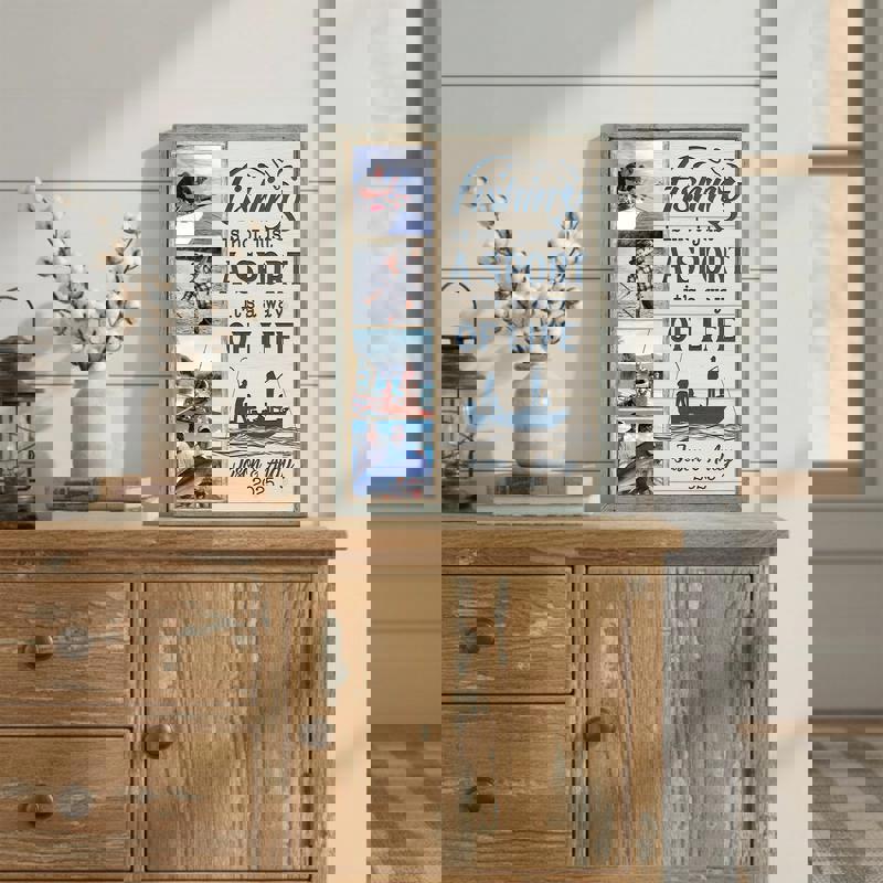 Personalized fishing photo collage canvas with custom names and dates, coastal farmhouse lake decor, unique gift for anglers