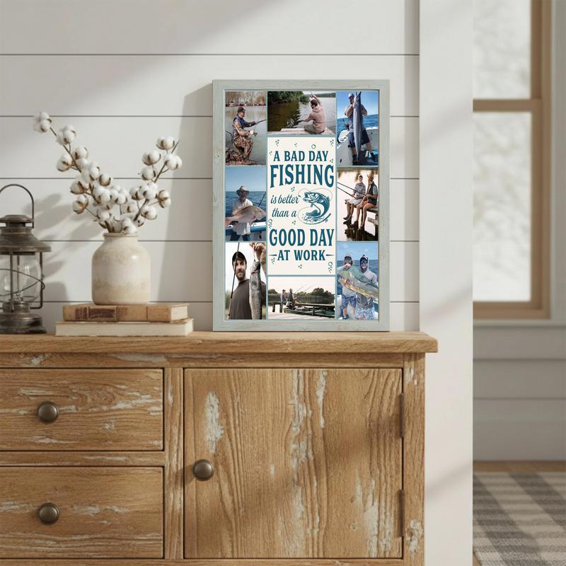 Fishing canvas wall art with quote, personalized photo collage gift for him in rustic coastal farmhouse design