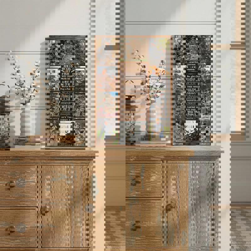 Hunter's Prayer canvas, custom hunting photo collage in landscape layout, camo green backdrop, personalized names, Father's Day gift