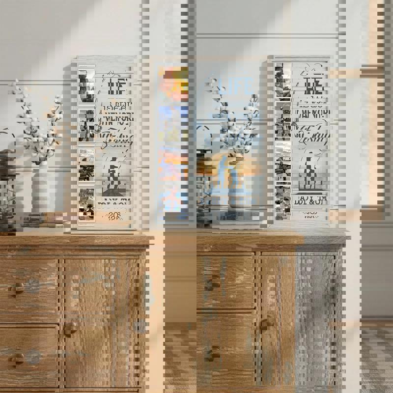 Fishing canvas wall art, father & son photo collage with quote 'Life Is Better When You're Fishing', personalized