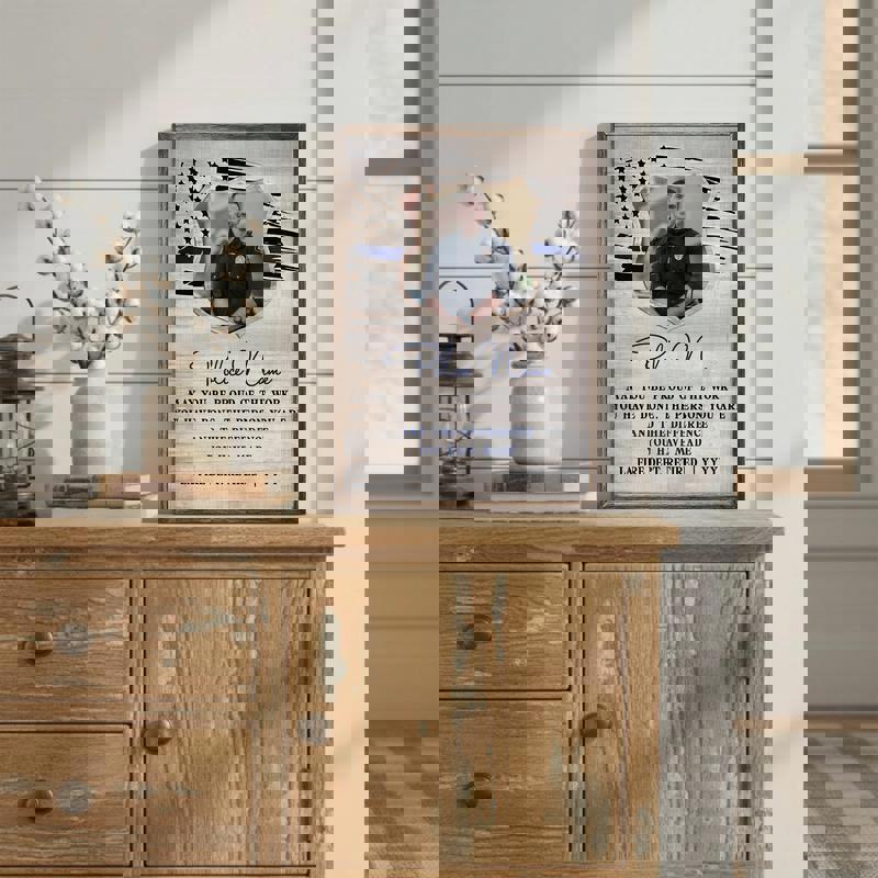 Police retirement canvas wall art, personalized with name, badge number and thin blue line flag, rustic home office decor Police retirement canvas wall art, personalized with name, badge number and thin blue line flag, rustic home office decor