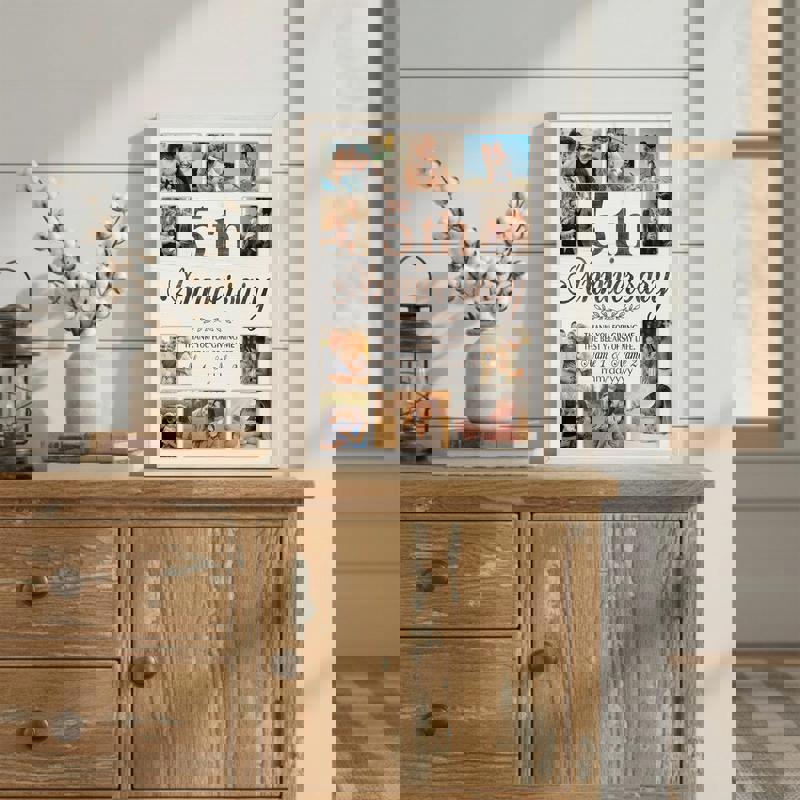 5th anniversary photo collage canvas for husband and wife, rustic farmhouse decor, custom names and date, years together gift