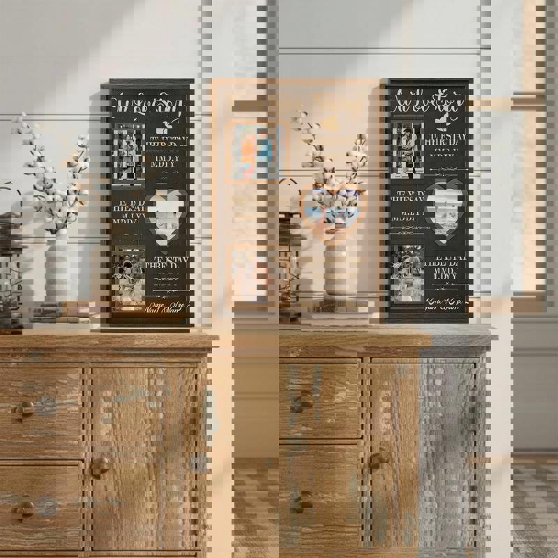 Anniversary timeline canvas with personalized names, wedding dates, and photo collage, rustic farmhouse gift for couples