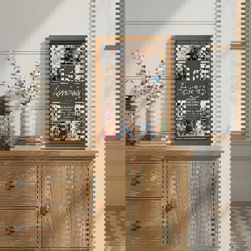 1st anniversary photo collage canvas in portrait layout, heart-shaped photo grid, rustic shiplap, personalized names and date