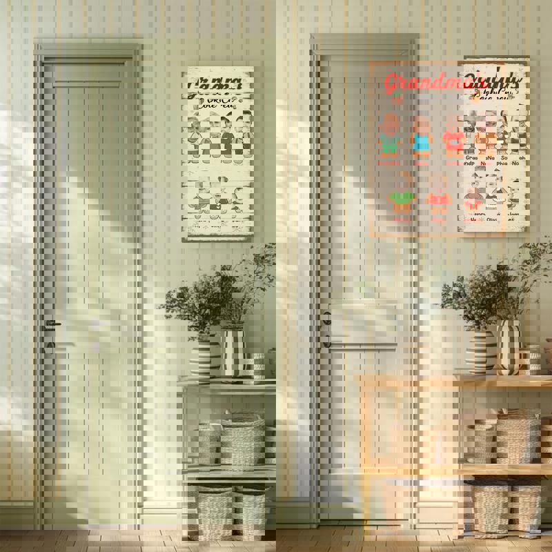 Grandma's Cookie Crew Christmas canvas wall art, kitchen decor featuring gingerbread grandkids and custom names with photo