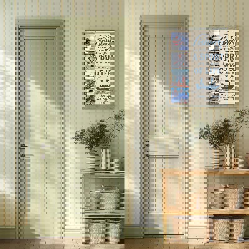 Personalized fishing photo collage canvas, rustic coastal farmhouse style celebrating angling memories with custom names