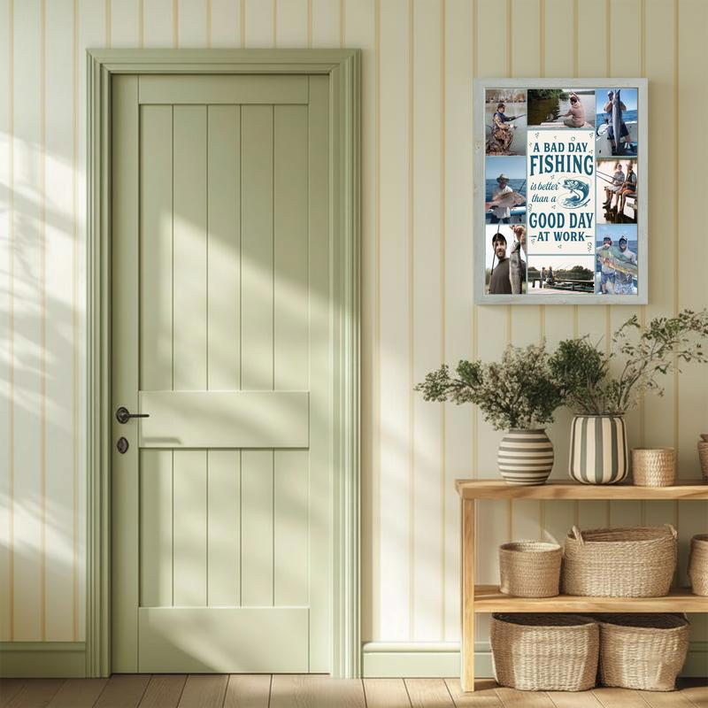 Fishing photo collage canvas wall art with inspirational quote, personalized for lake house decor in rustic coastal tones