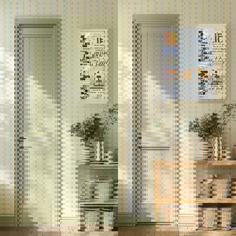 Fishing canvas wall art in coastal farmhouse blue tones, landscape gallery-wrapped canvas, father & son custom photo collage