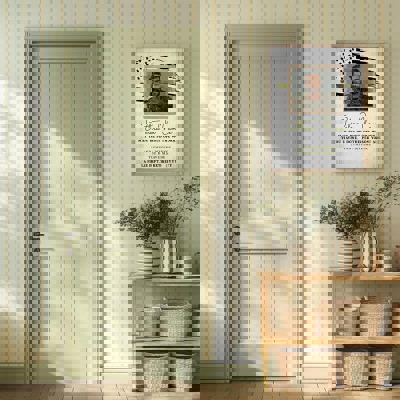 Military retirement canvas wall art, rustic farmhouse design personalized for army veteran with custom name, rank, and date