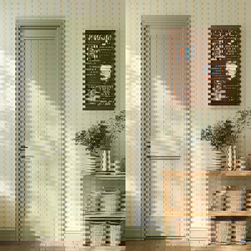 Couples love story timeline canvas, personalized with names, dates, and photos in rustic farmhouse style portrait orientation