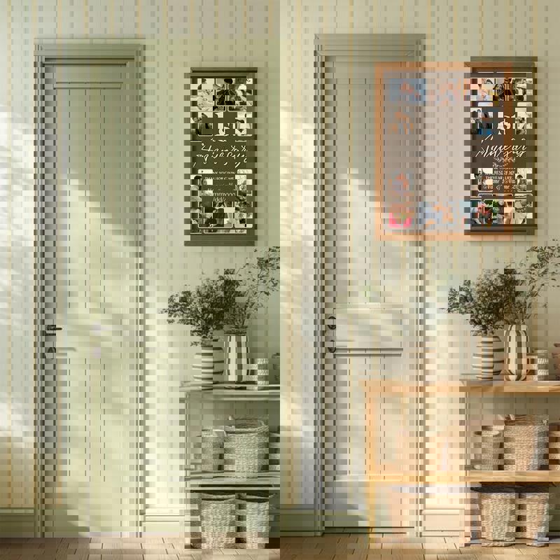 1st anniversary photo collage canvas, landscape layout in neutral tones, personalized with names and date, romantic gift