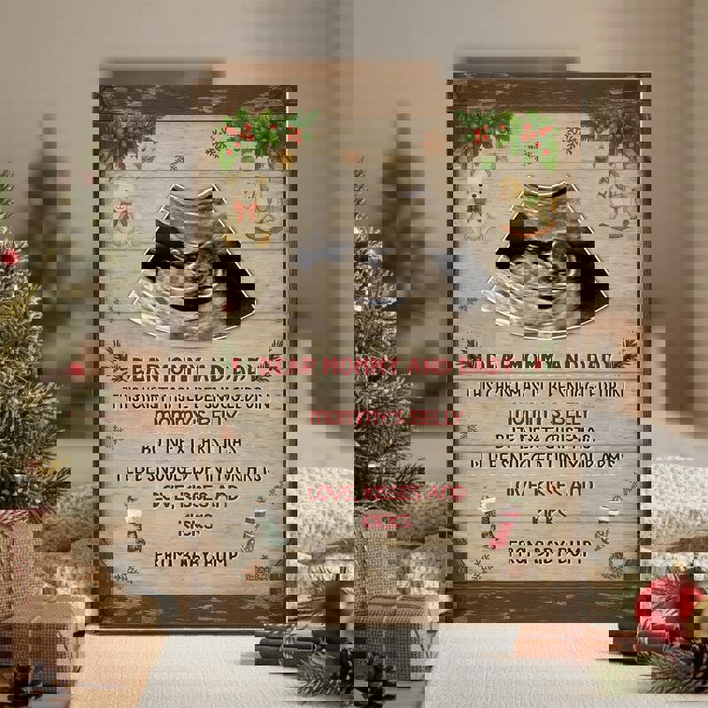 Christmas baby ultrasound canvas wall art with custom photo and scripted message from baby, minimalist portrait style