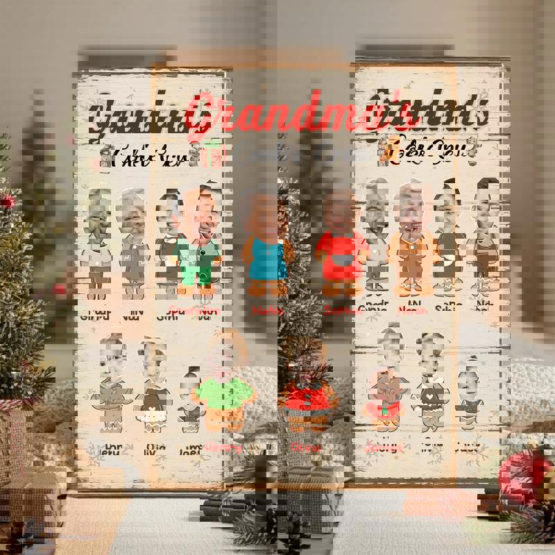 Grandma's Cookie Crew Christmas canvas wall art, gingerbread family personalized with grandchildren's names and photo