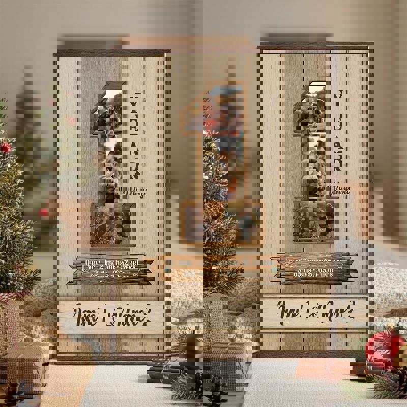 One-year anniversary rustic canvas wall art photo collage, personalized with couple names and date, living room wall decor