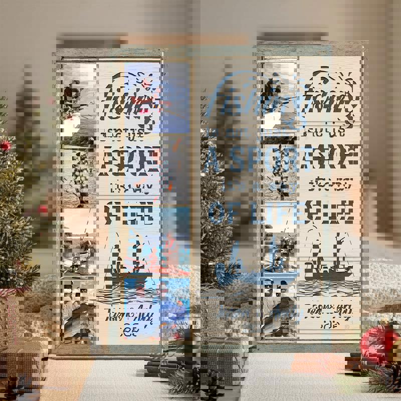 Personalized fishing photo collage canvas gift, coastal farmhouse art with custom photos and names, ideal for Father’s Day