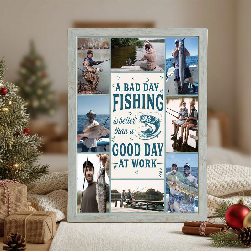 Fishing photo collage canvas, landscape wall art with quote, custom photos and date in rustic coastal farmhouse style