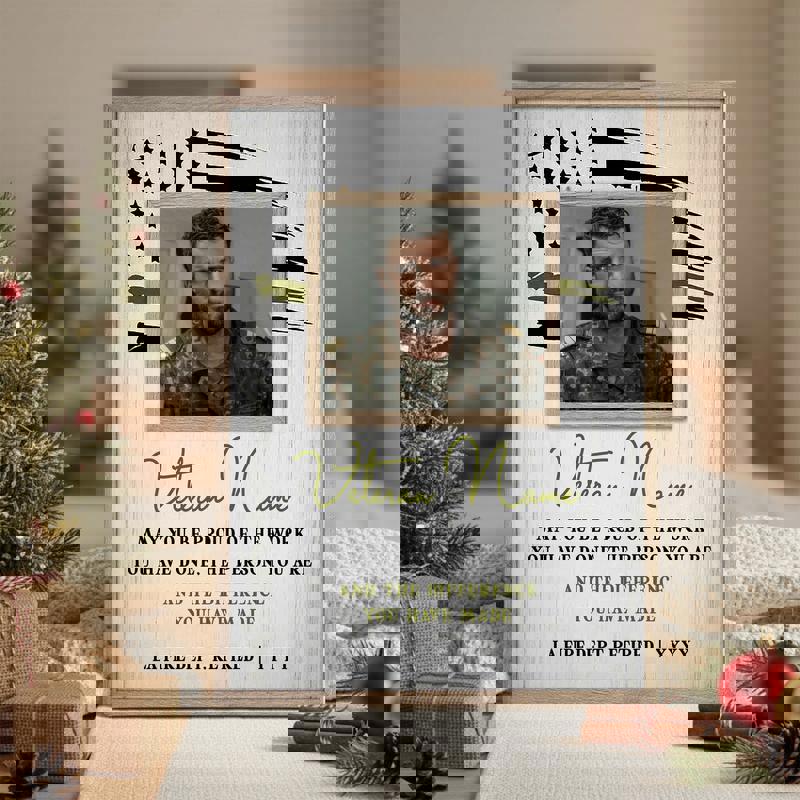 Military retirement canvas wall art, personalized for army veteran, rustic neutral tones for office or living room decor