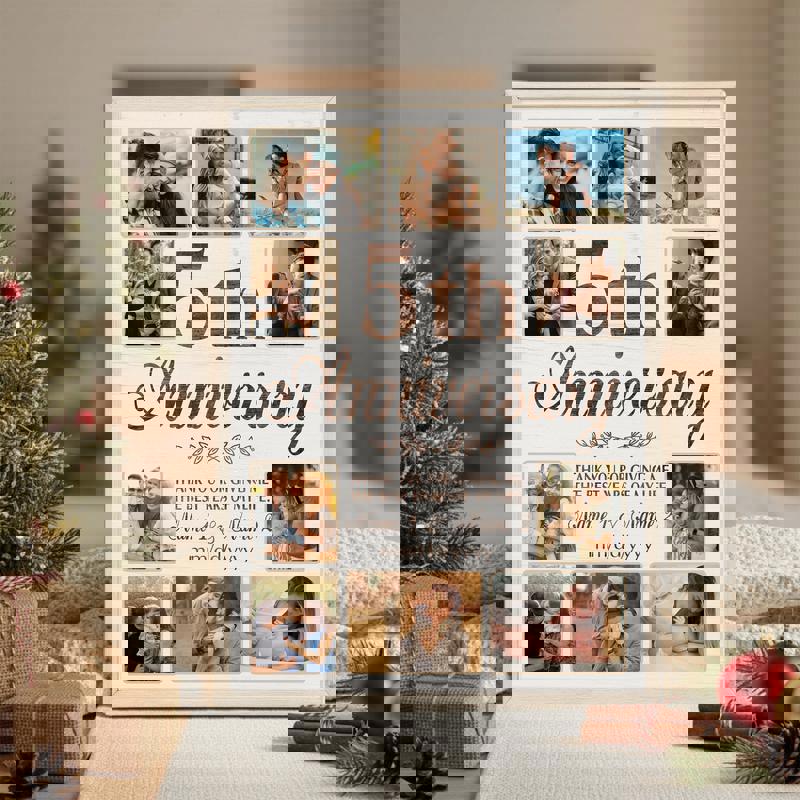 5th anniversary photo collage canvas, rustic farmhouse look, personalized for living room decor with names, date, and photos